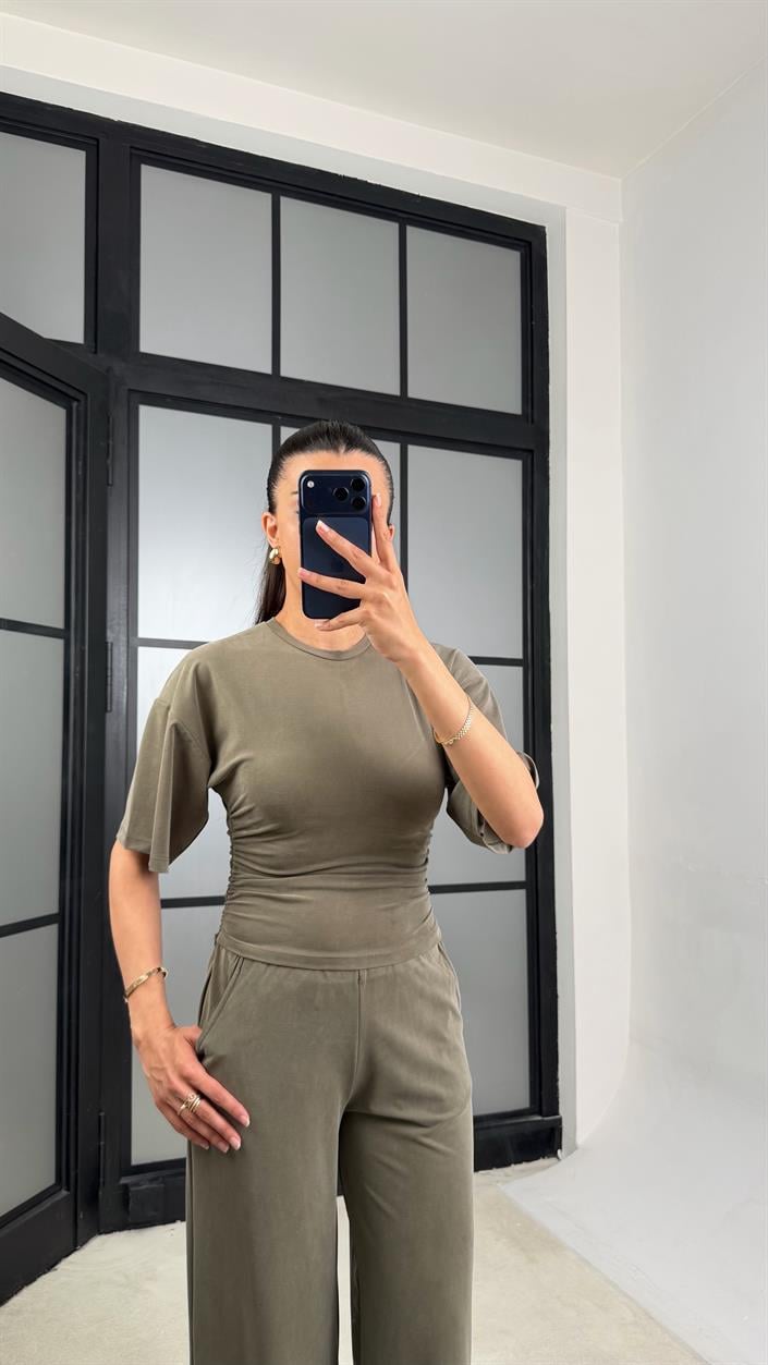 Haki Bluz Beli Lastikli Pantolon Modal Muadil Takım GAUS-01547