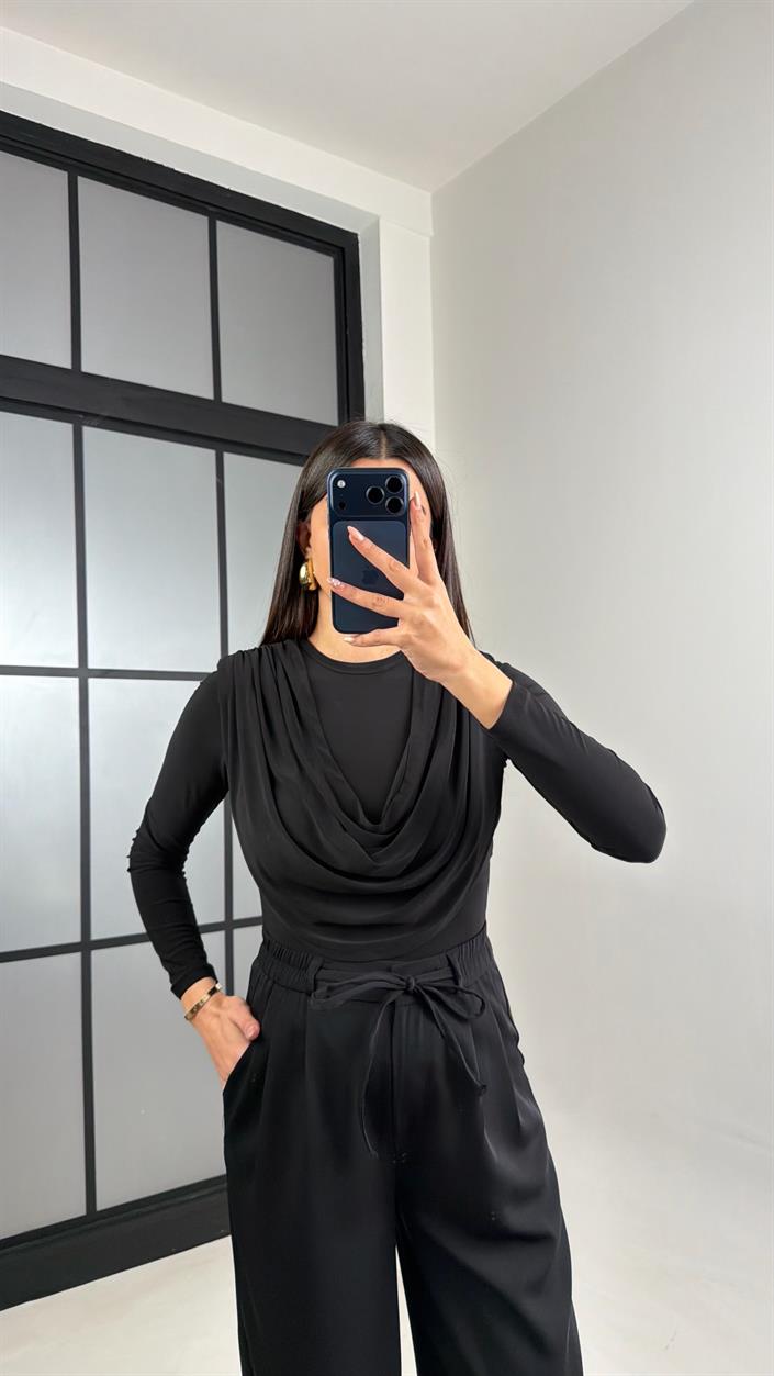 Siyah Beli Lastikli Kuşaklı İthal Kumaş Pantolon GAUS-00869