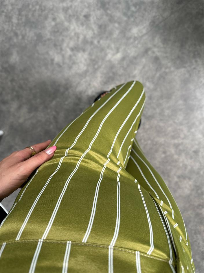 Ryn Yeşil Saten Çizgili Zr Model Pantolon