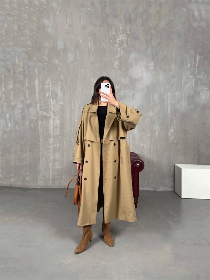 Telsa Camel Kuşaklı Poliviskon Astarlı Premium Trençkot 
