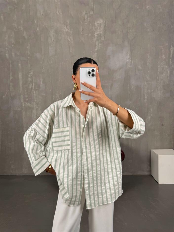 Yeşil Çizgili Oversize Keten Gömlek Gaus00017