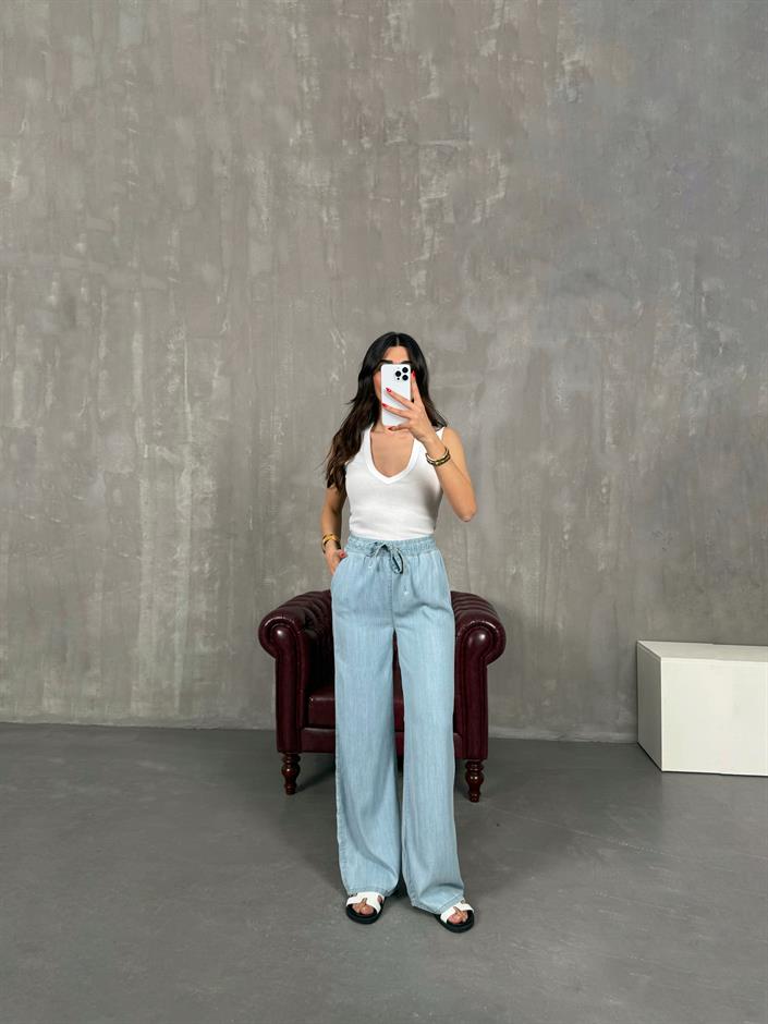 Açık Mavi Beli Lastikli İnce Denim Pantolon Gaus00203