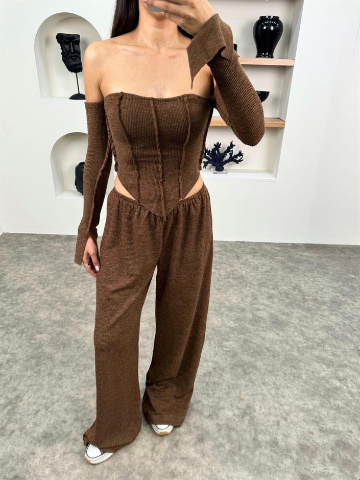 Hona Kahve Kırçıllı Düşük Omuz Crop Pantolon Takım