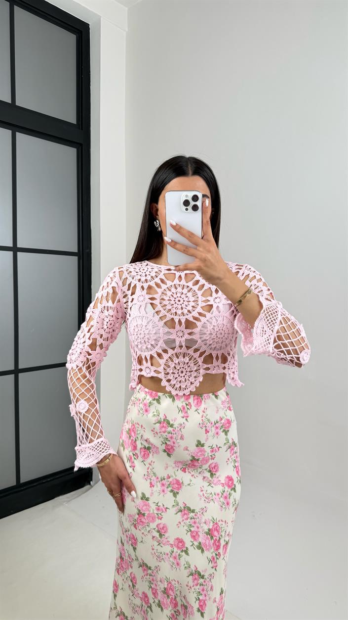 Pembe Örme Ajurlu Triko Bluz Gaus00414