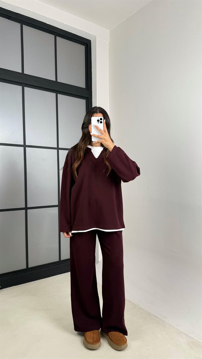 Mürdüm Tshirt Detaylı Kazak Beli Lastikli Pantolon İkili Triko Takım GAUS-00485