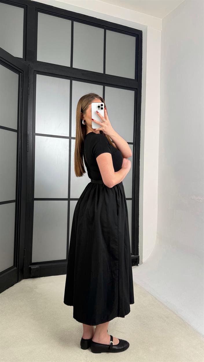 Siyah Kısa Kol Beli Lastikli Kemerli Elbise GAUS-01246