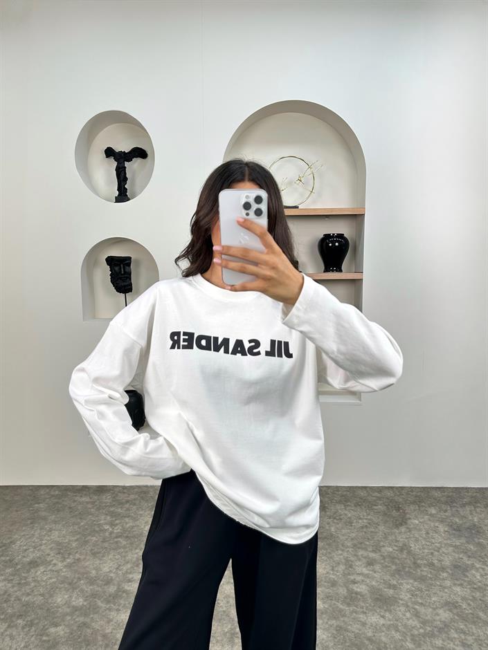 JS Beyaz Bisiklet Yaka Sweatshirt