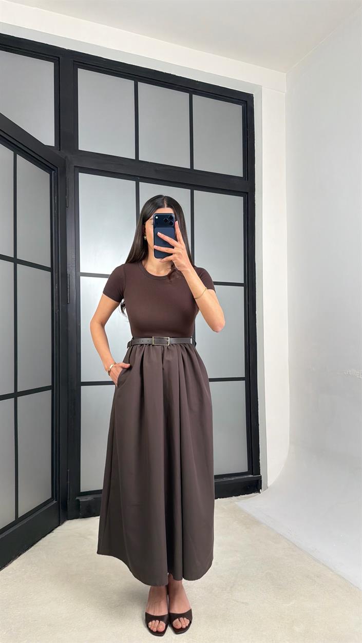 Acı Kahve Kısa Kol Beli Lastikli Kemerli Elbise GAUS-01246