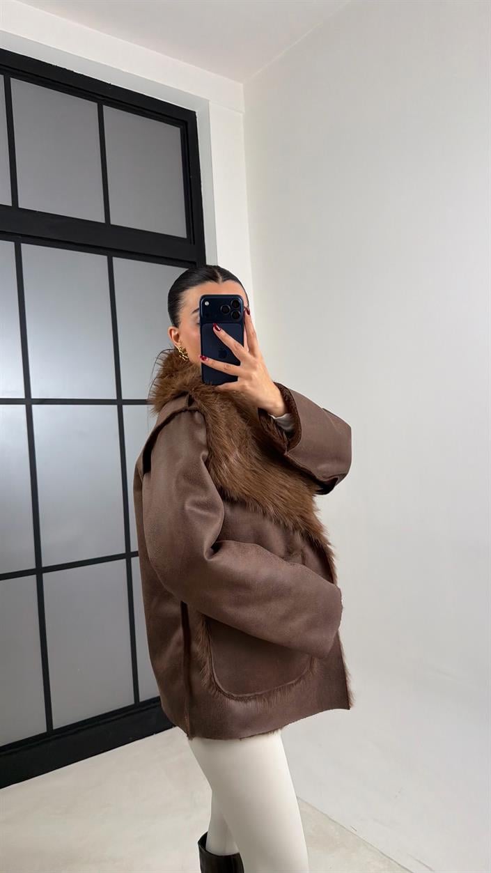 Kahve Çift Taraflı Tasarım Kürk Mont GAUS-00691