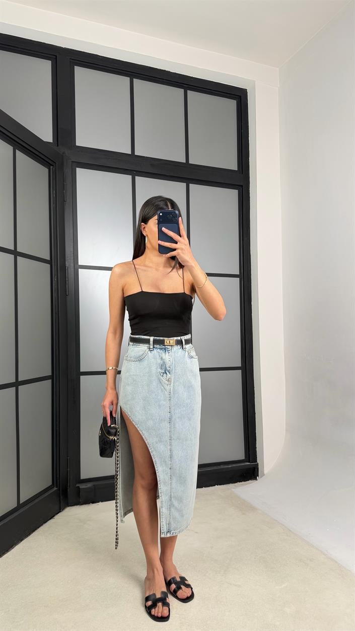 Buz Mavi Yırtmaçlı Denim Etek GAUS-01314