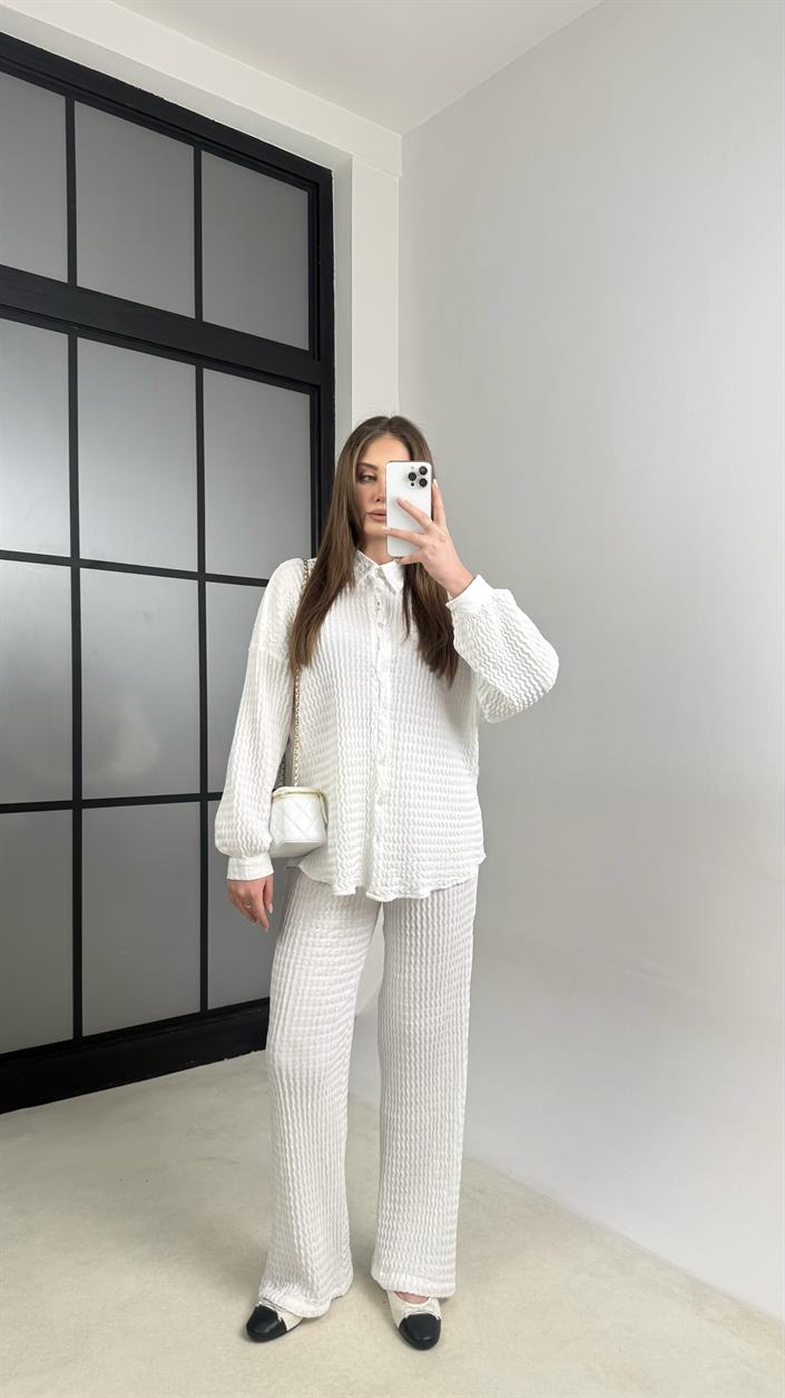 Beyaz Gömlek Beli Lastikli Pantolon İkili Bürümcük Takım GAUS-01089