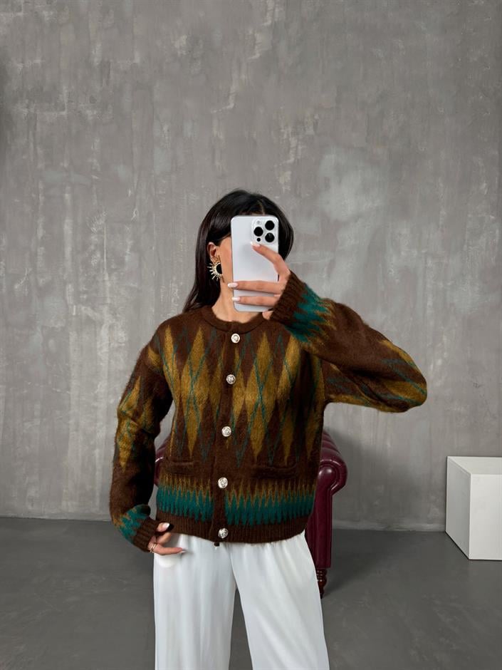 Manusa Yeşil Kahve Sakallı Desenli Düğmeli MD Hırka