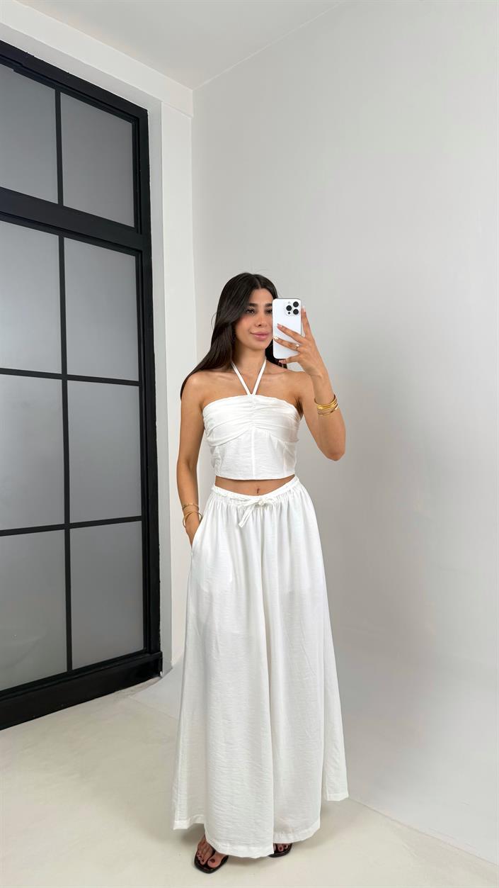 Beyaz Boyundan Bağlamalı Beli Lastikli Crop Kuşaklı Cepli Pantolon Çilek Kumaş Takım Gaus00659