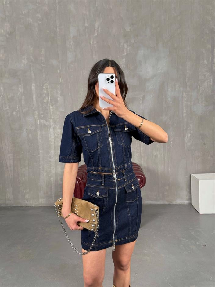 Lacivert Cepli Önü Fermuarlı Denim Etekli Takım Gaus00259