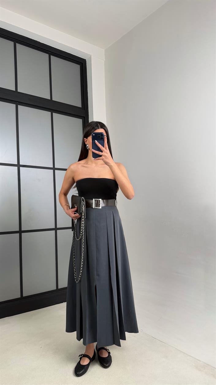 Antrasit Deri Kemerli Yırtmaçlı Tencel Etek GAUS-01088