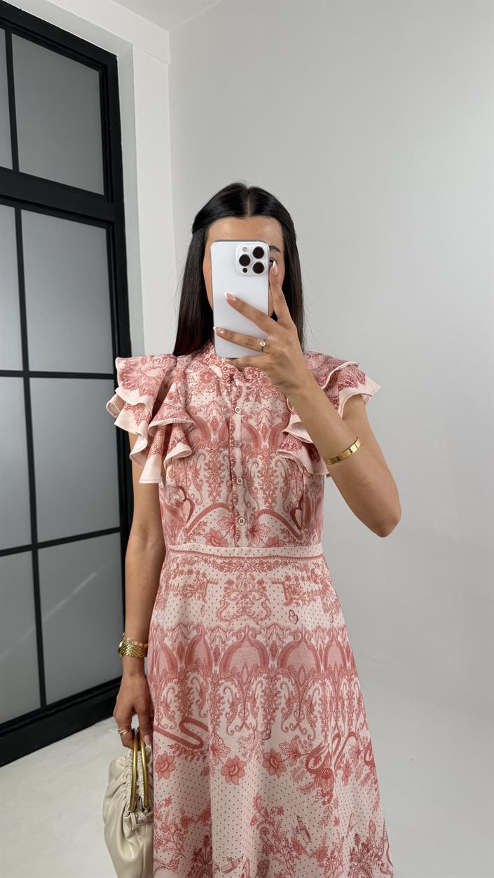 Pembe Floral Desenli Kol Fırfırlı Önü Düğmeli Keten Elbise Gaus00613