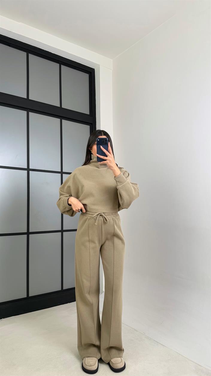 Yeşil Balıkçı Yaka Kazak Beli Lastikli Pantolon Premium Takım GAUS-00898