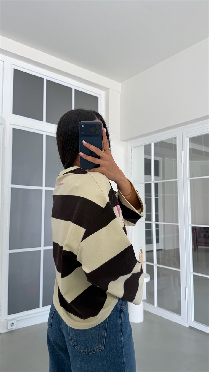 Kahve Şeritlı Baskılı Sweatshirt GAUS-02121 GAUS-02198