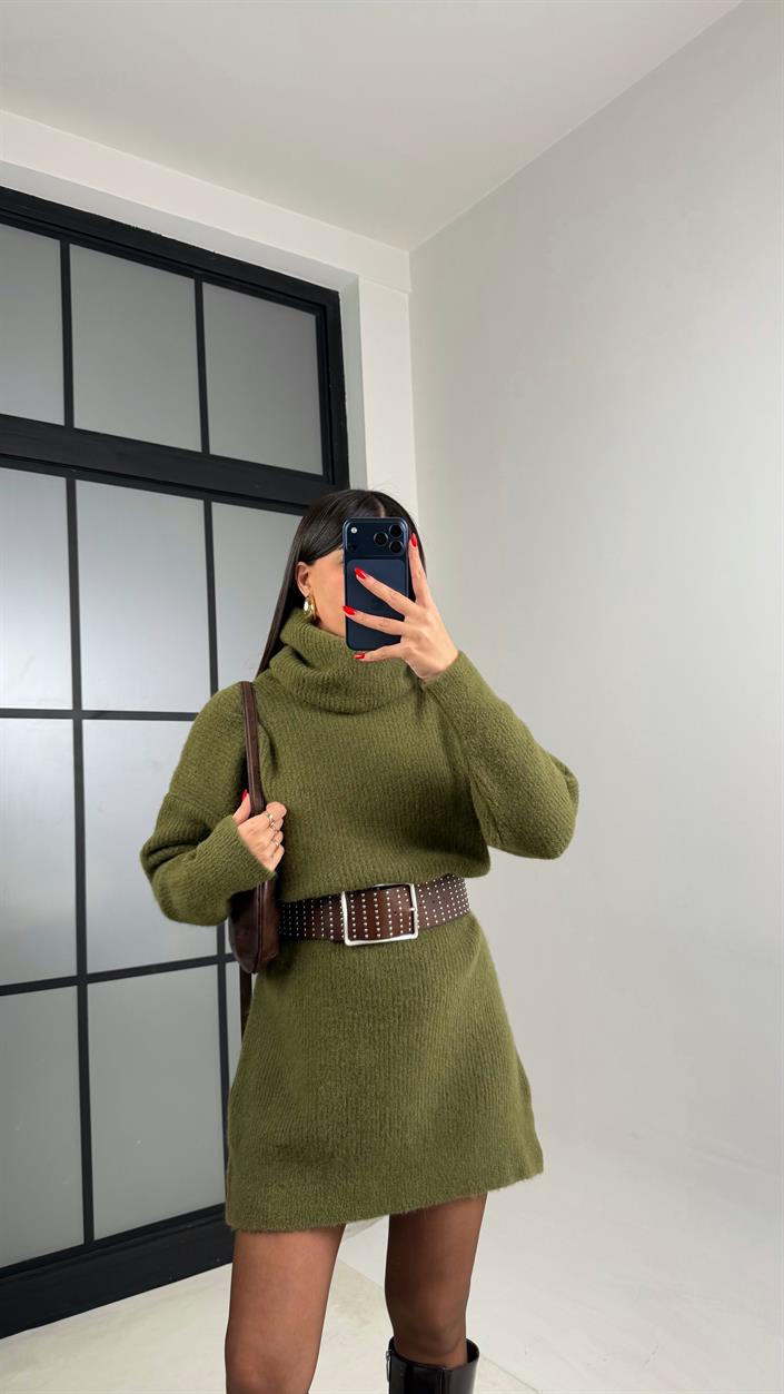 Yeşil Balıkçı Yaka Oversize Triko Elbise GAUS-00900