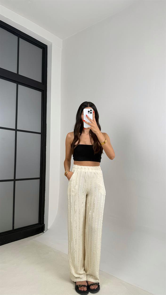 Ekru Beli Lastikli Krinkıl Kumaş Tasarım Pantolon GAUS-0031