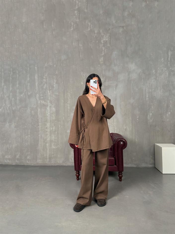 Rozali Kahve Gabardin Kimono İkili Takım