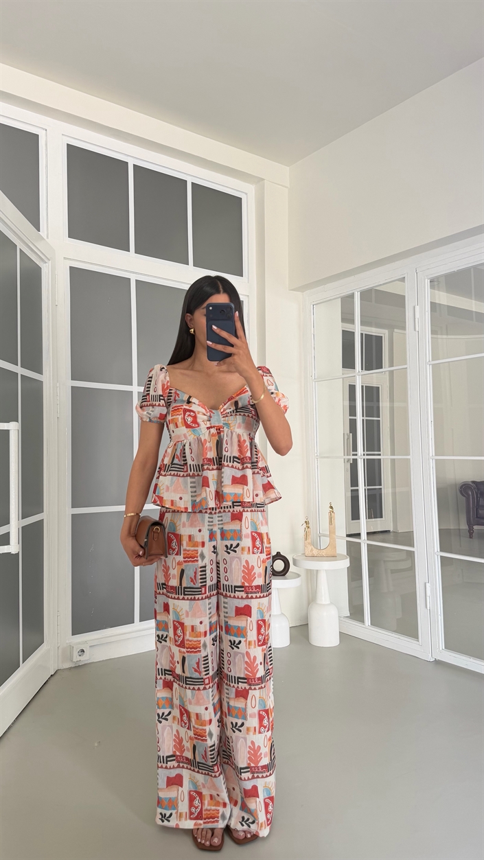 Çok Renkli Balon Kol Bluz Pantolon Desenli Keten Takım GAUS-01758
