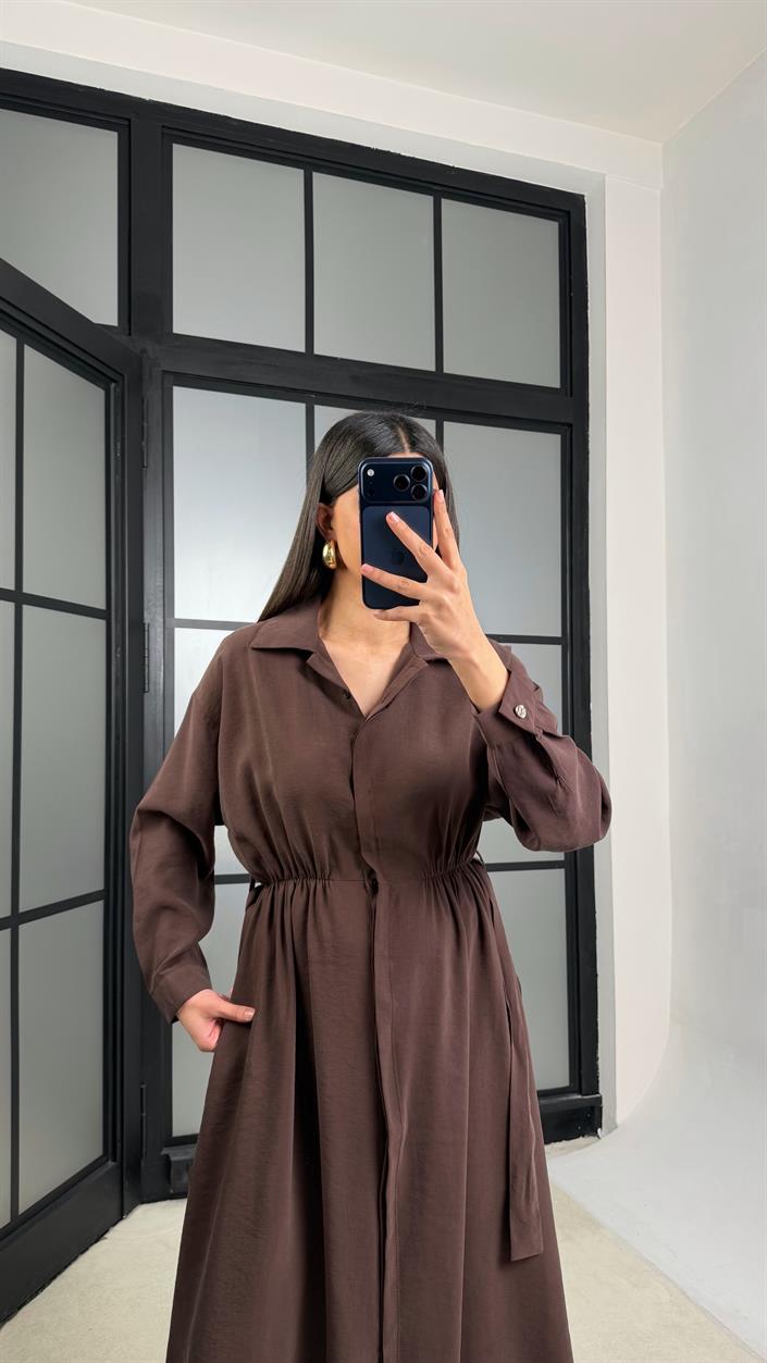 Kahve Beli Lastikli Kuşaklı Tencel Elbise GAUS-01286