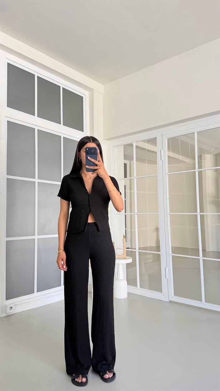 Siyah Crop Bluz Beli Lastikli Pantolon Bürümcük Takım GAUS-01555