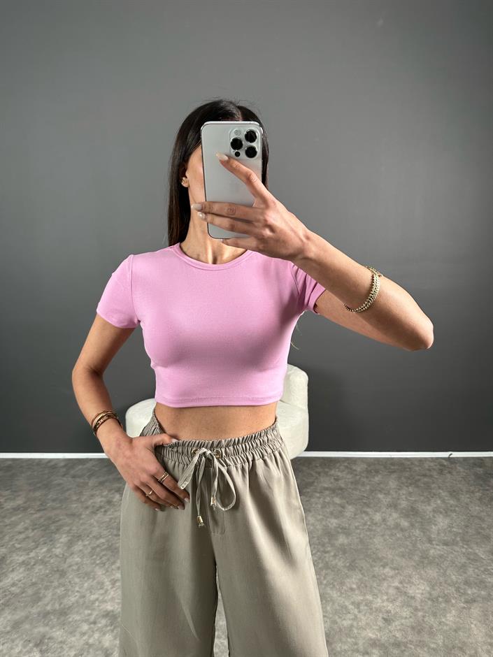 Ales Pembe Crop Basic Tshirt