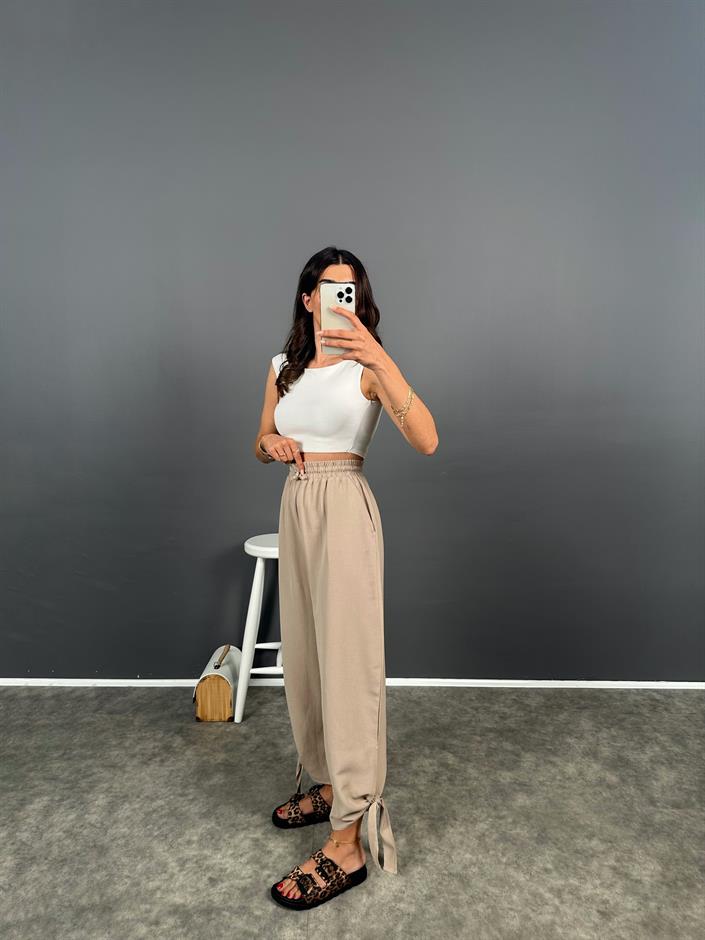 Vizon Paçası Bağlamalı Rahat Dokuma Pantolon