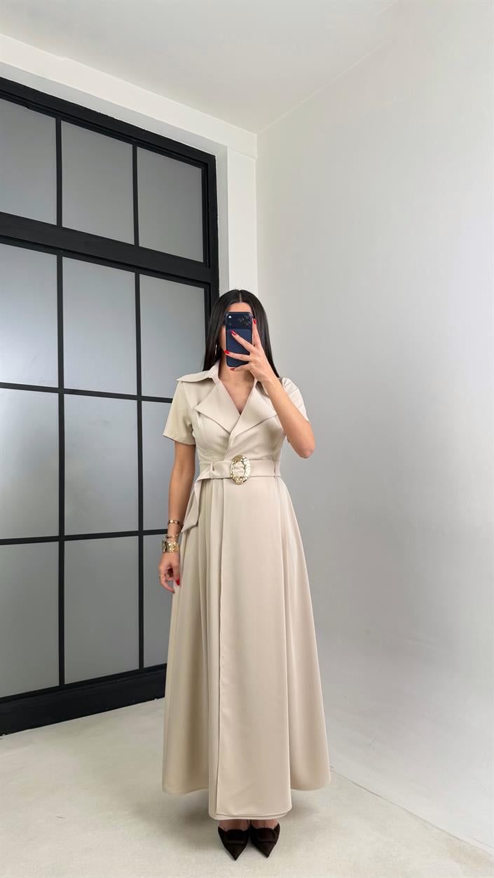 Taş Gold Toka Kuşaklı Krep Kumaş Uzun Elbise GAUS-00974