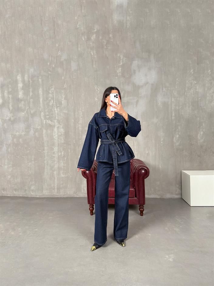 Vanola Lacivert Belden Kuşaklı Tasarım Premium Denim Takım 