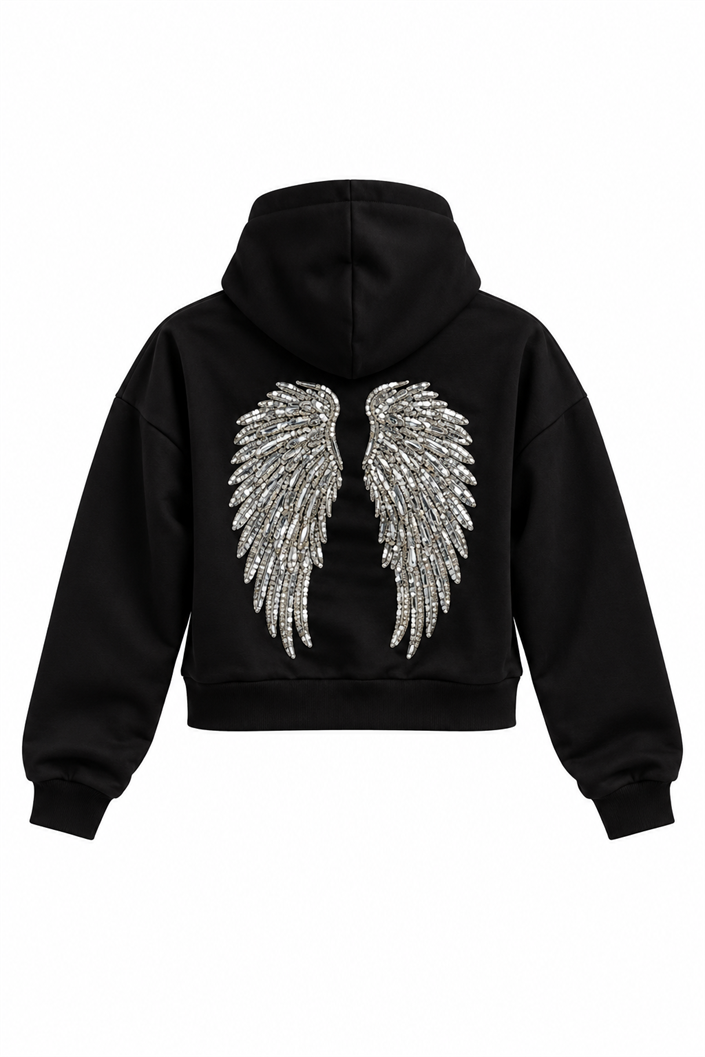Siyah Kanat İşlemeli Kapüşonlu Sweatshirt GAUS-02052