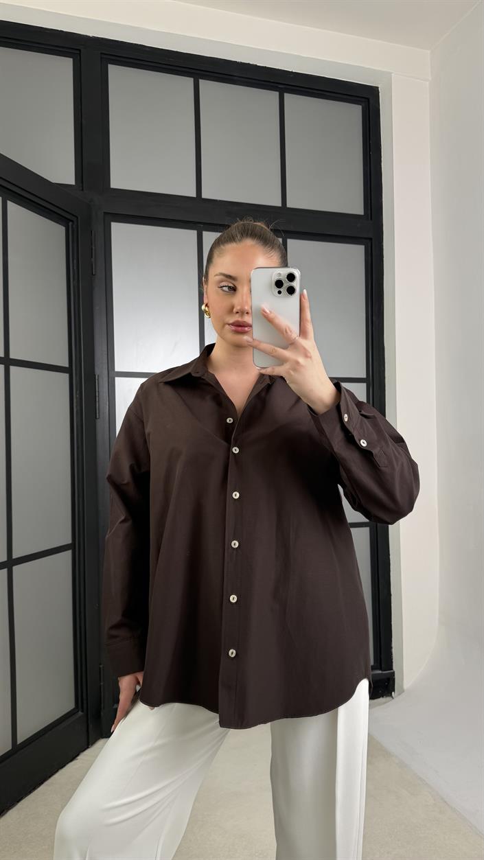 Acı Kahve Oversize Poplin Gömlek GAUS-01202