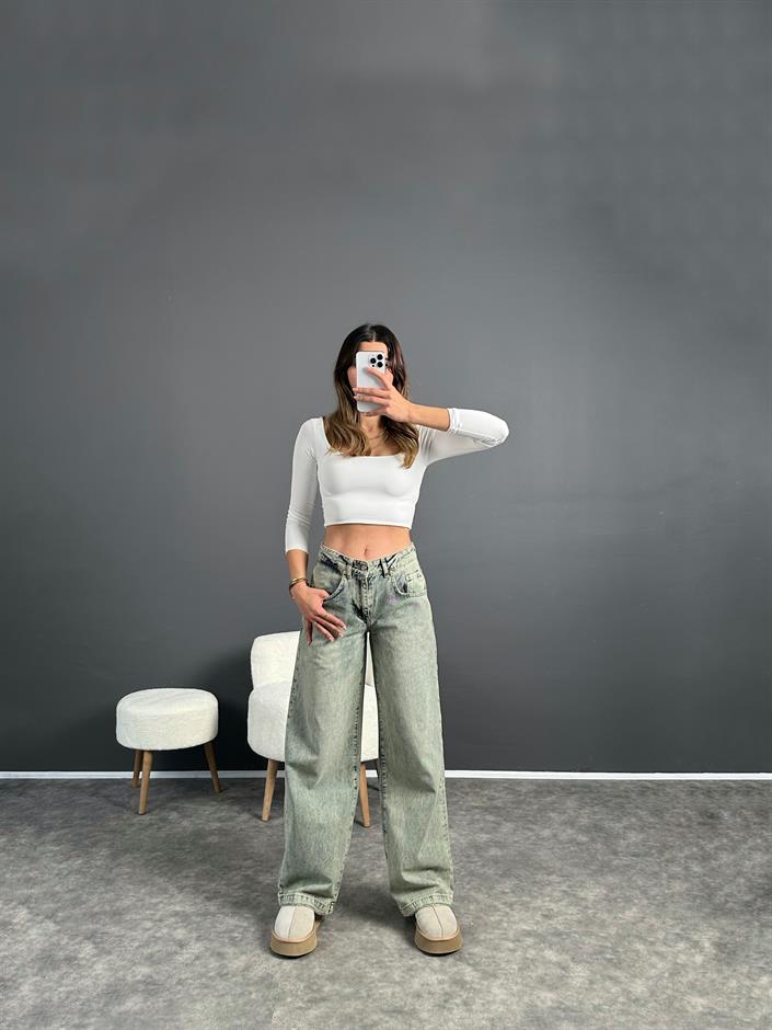 GR Orta Bel Yeşil Eskitme Jean 