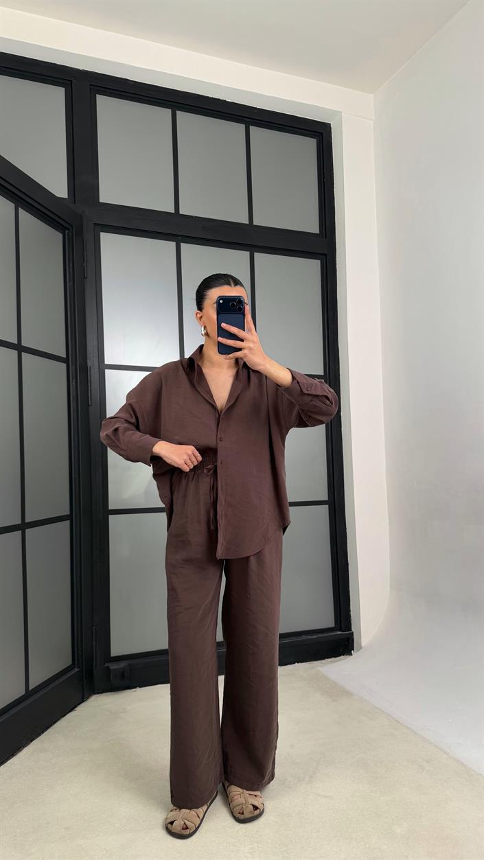Kahve MD Muadil Gömlek Beli Lastikli Pantolon Tencel Takım GAUS-01278