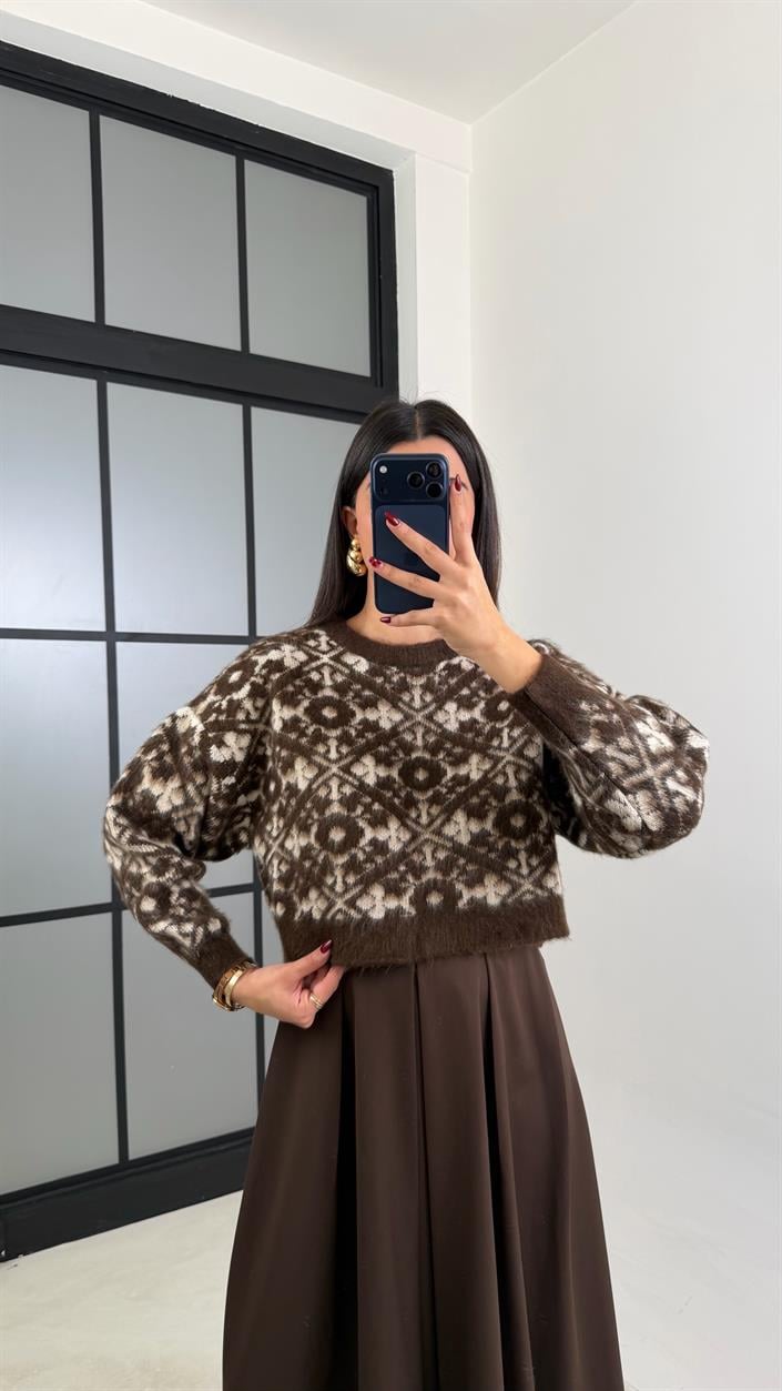 Kahve Desenli Muadil Crop Kazak GAUS-00756