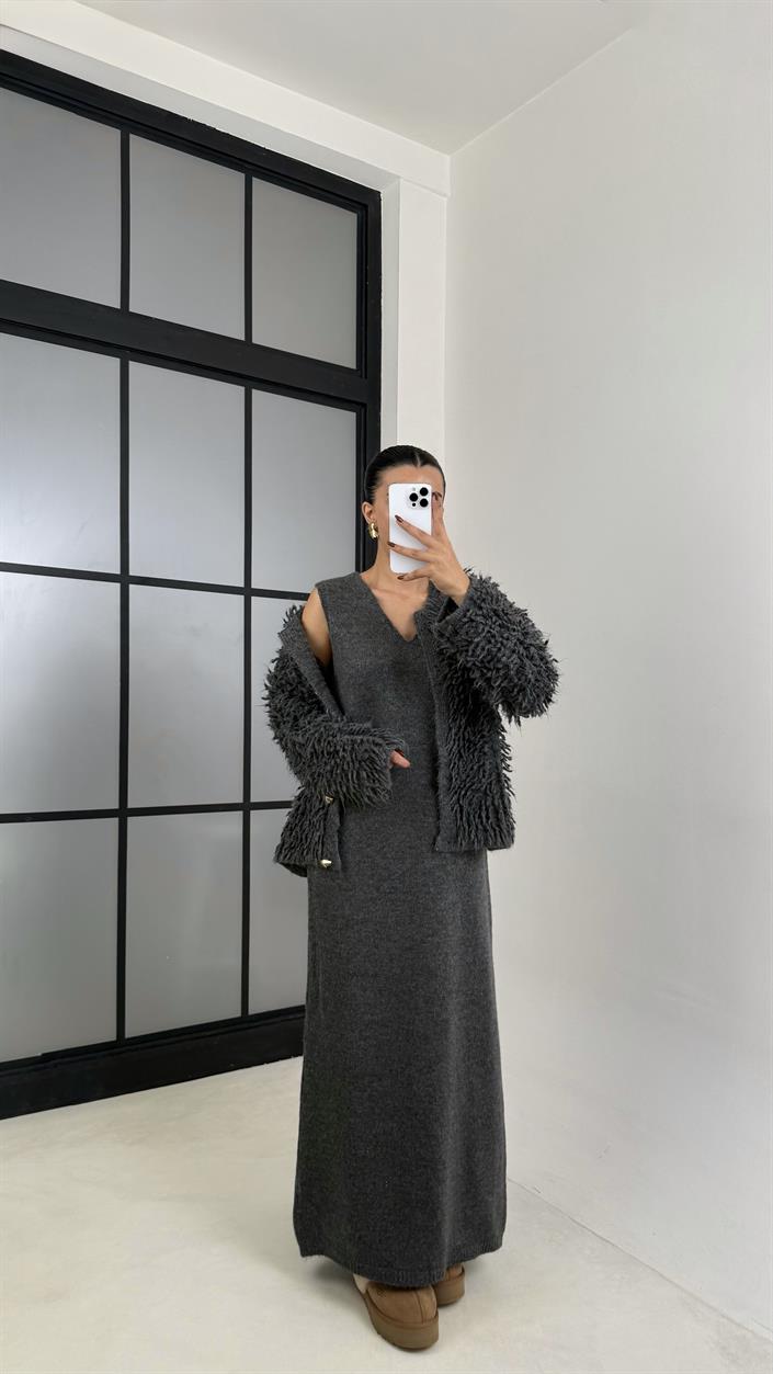 Antrasit Saçaklı Hırka Elbise 2li Triko Takım GAUS-00482