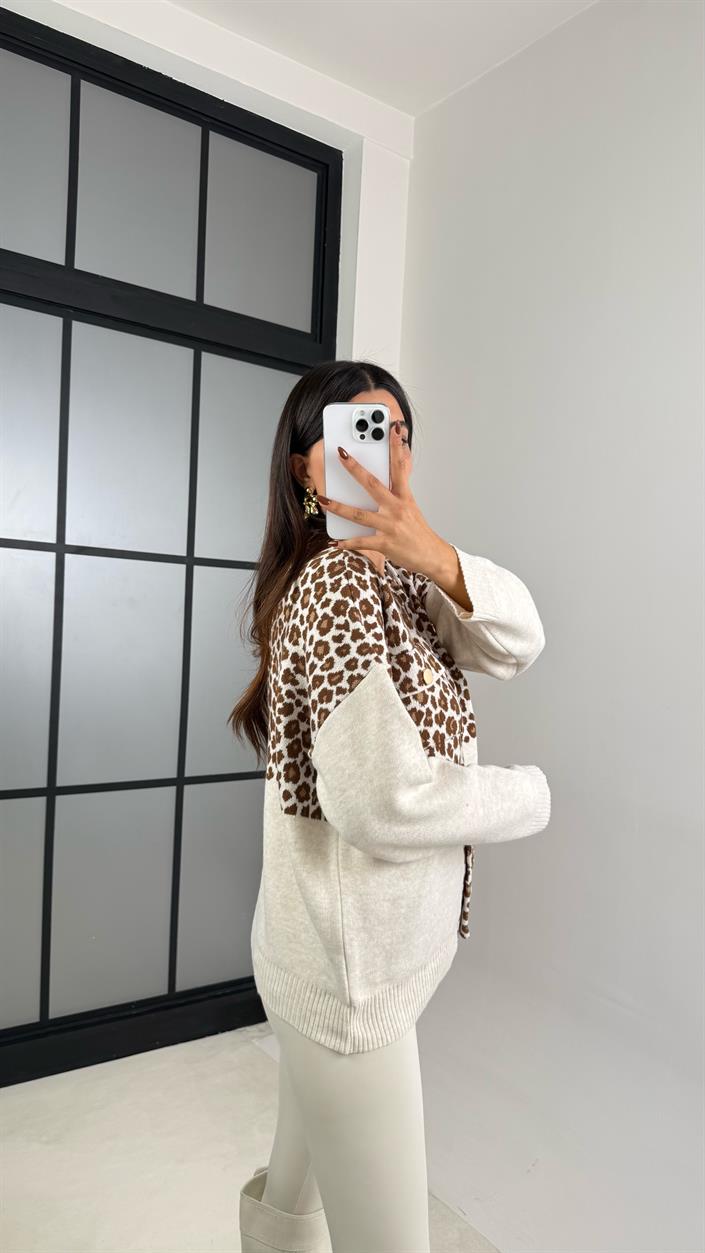 Bej Leopar Desenli Cepli Triko Hırka GAUS-00176