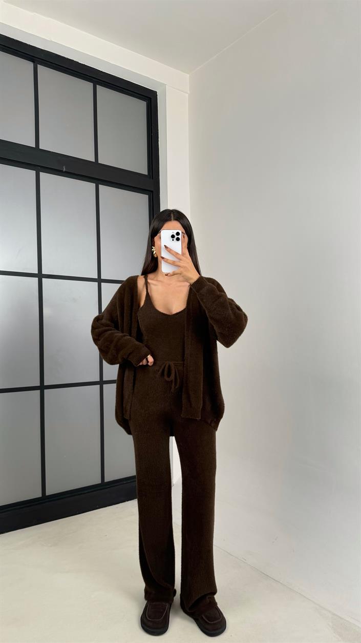 Kahve 3lü Peluş Tüylü Takım GAUS-00441