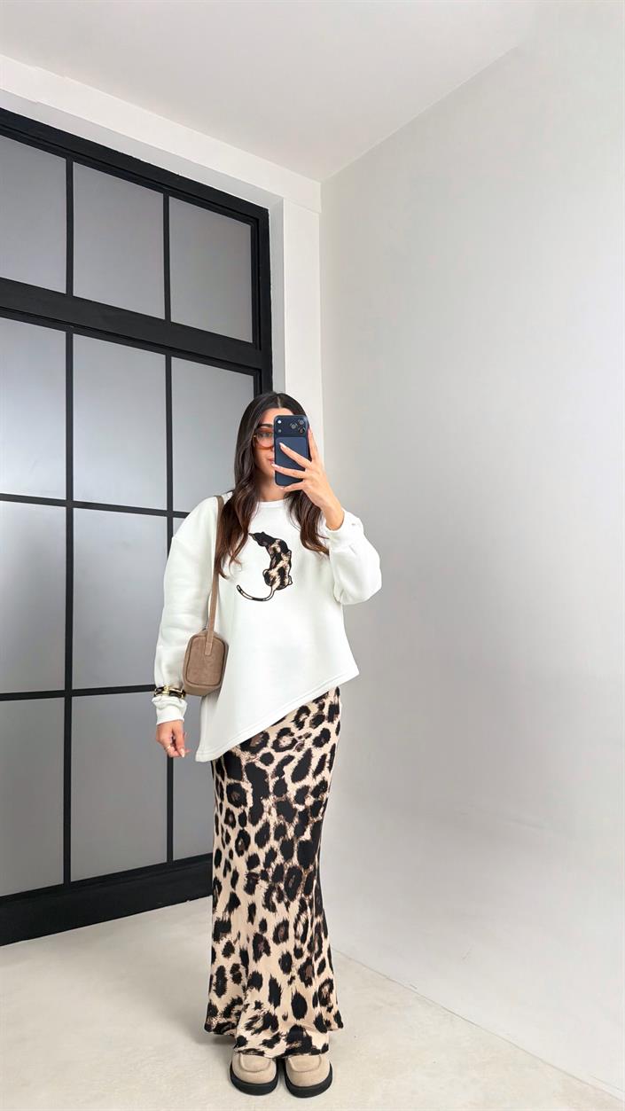 Beyaz Leopar Desenli Bluz Etek İkili Saten Takım GAUS-00903