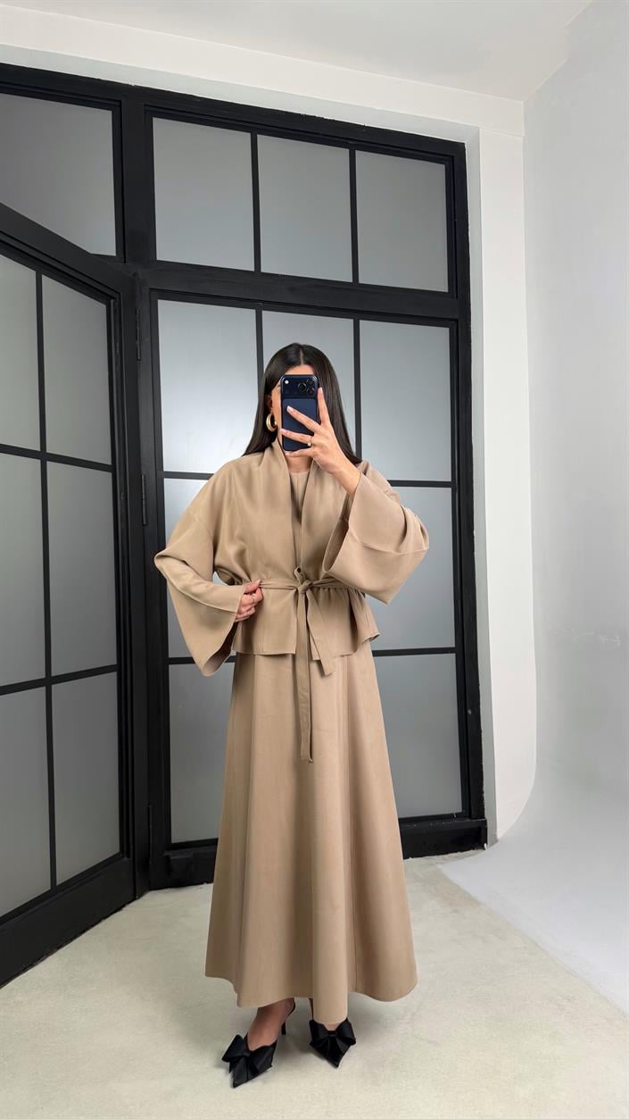 Camel Kuşaklı Ceket Elbise Premium Tencel Takım GAUS-01165