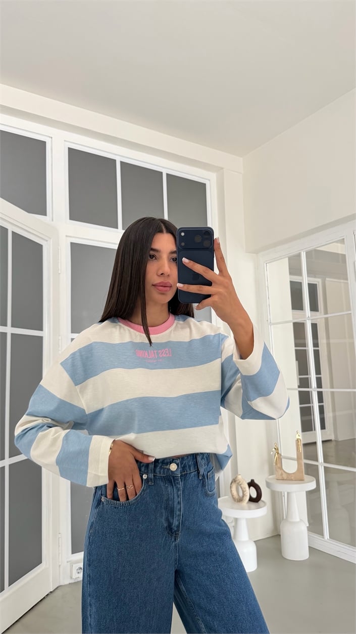 Mavi Çizgili Vintage Sweatshirt GAUS-02121