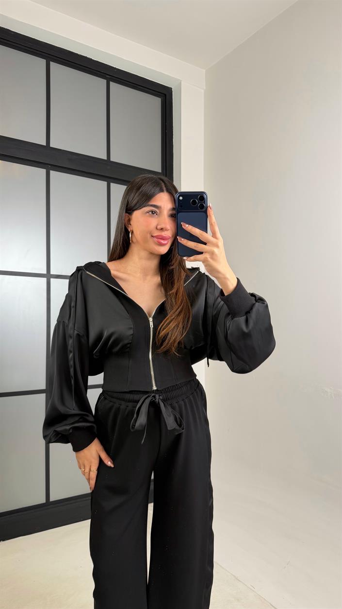 Siyah Saten Detaylı Hırka Beli Lastikli Pantolon Tasarım Takım GAUS-01096
