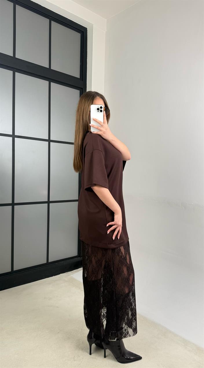 Acı Kahve Dantel Detaylı Modal Kumaş Elbise GAUS-01105