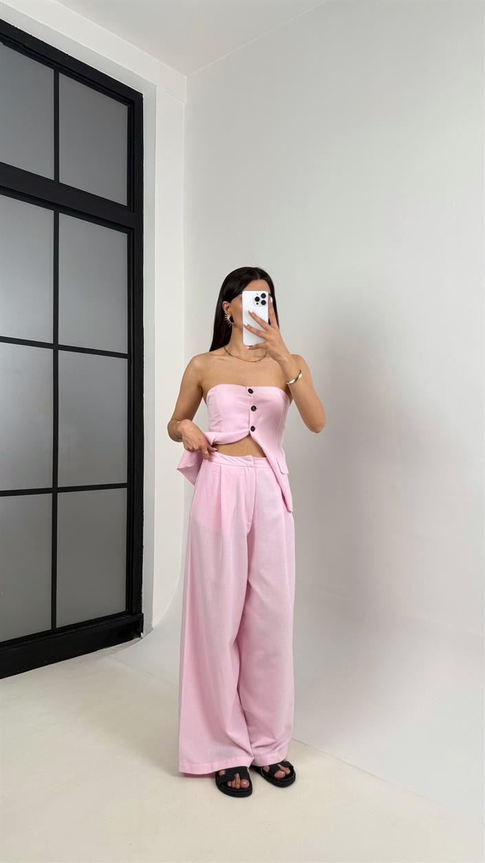 Pembe Straplez Düğmeli  Astarlı Yelek Cepli Pantolon İkili Keten Tasarım Takım Gaus00440