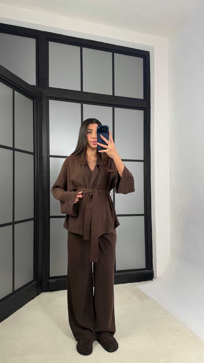 Acı Kahve Kuşaklı Ceket Beli Lastikli Pantolon Tencel Takım GAUS-01128