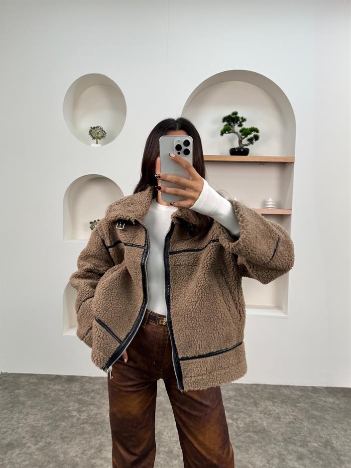 Dash Kahve Deri Şeritli Peluş Biker Mont