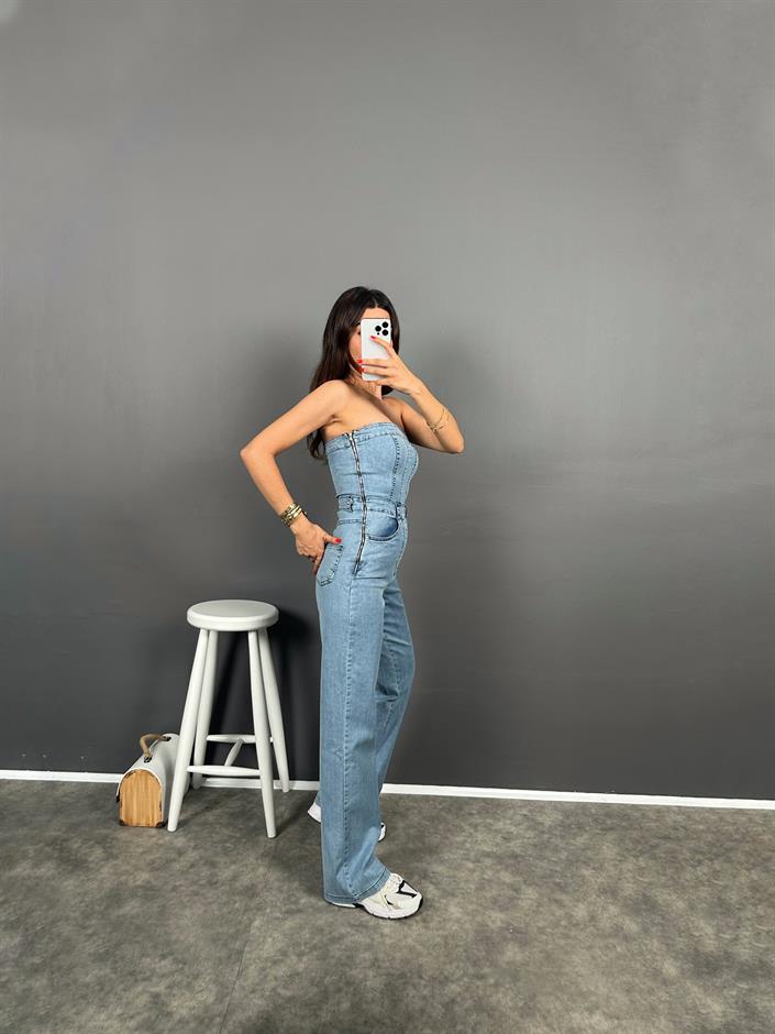 Ria Straplez Fermuarlı Denim Tulum