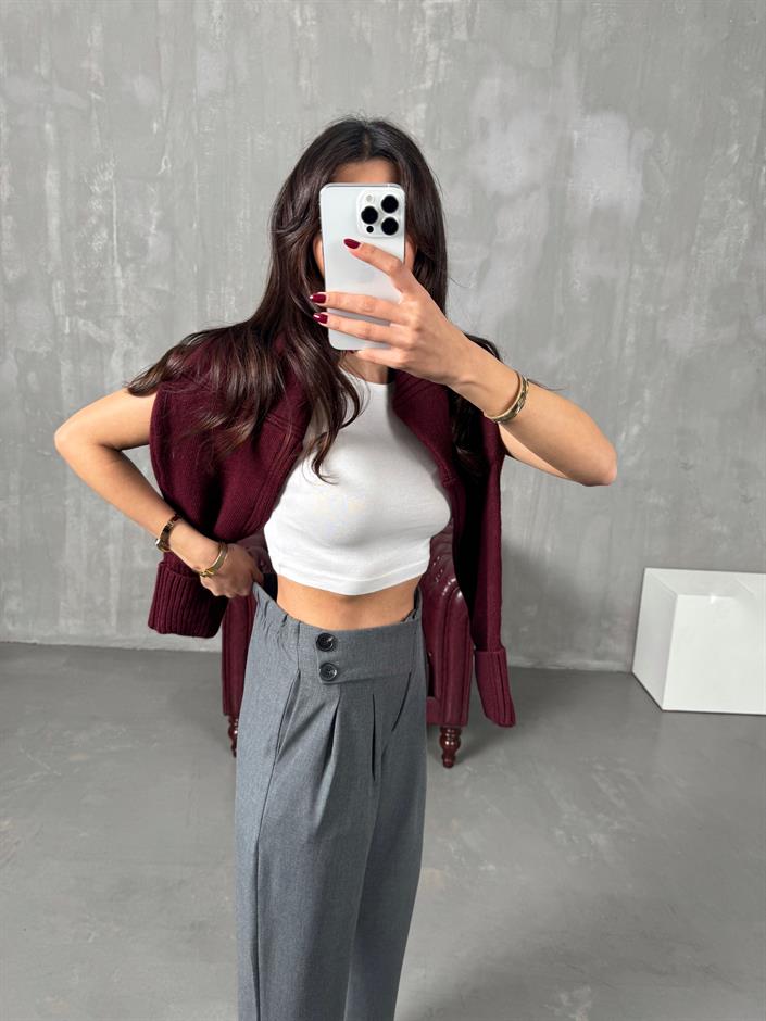 Punta Gri Arka Beli Lastikli Tasarım Pantolon